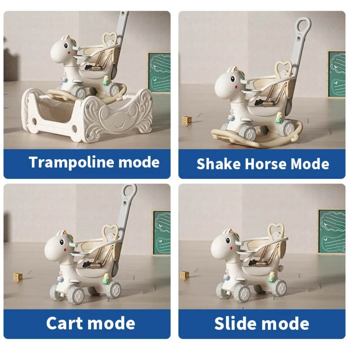 4-in-1 Unicorn Ride-On Toy for Toddlers | Trampoline, Rocking Horse, Cart & Slide Modes