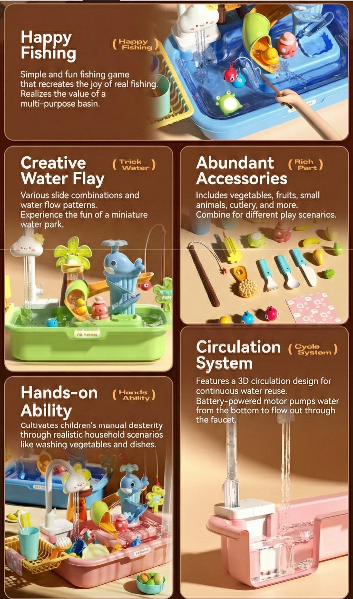 2-in-1 Kids Electric Kitchen Sink Toy & Water Park Playset | Automatic Running Water Faucet, Magnetic Fishing Game & Floating Slide | Montessori Sensory Pretend Play Gift for Toddlers