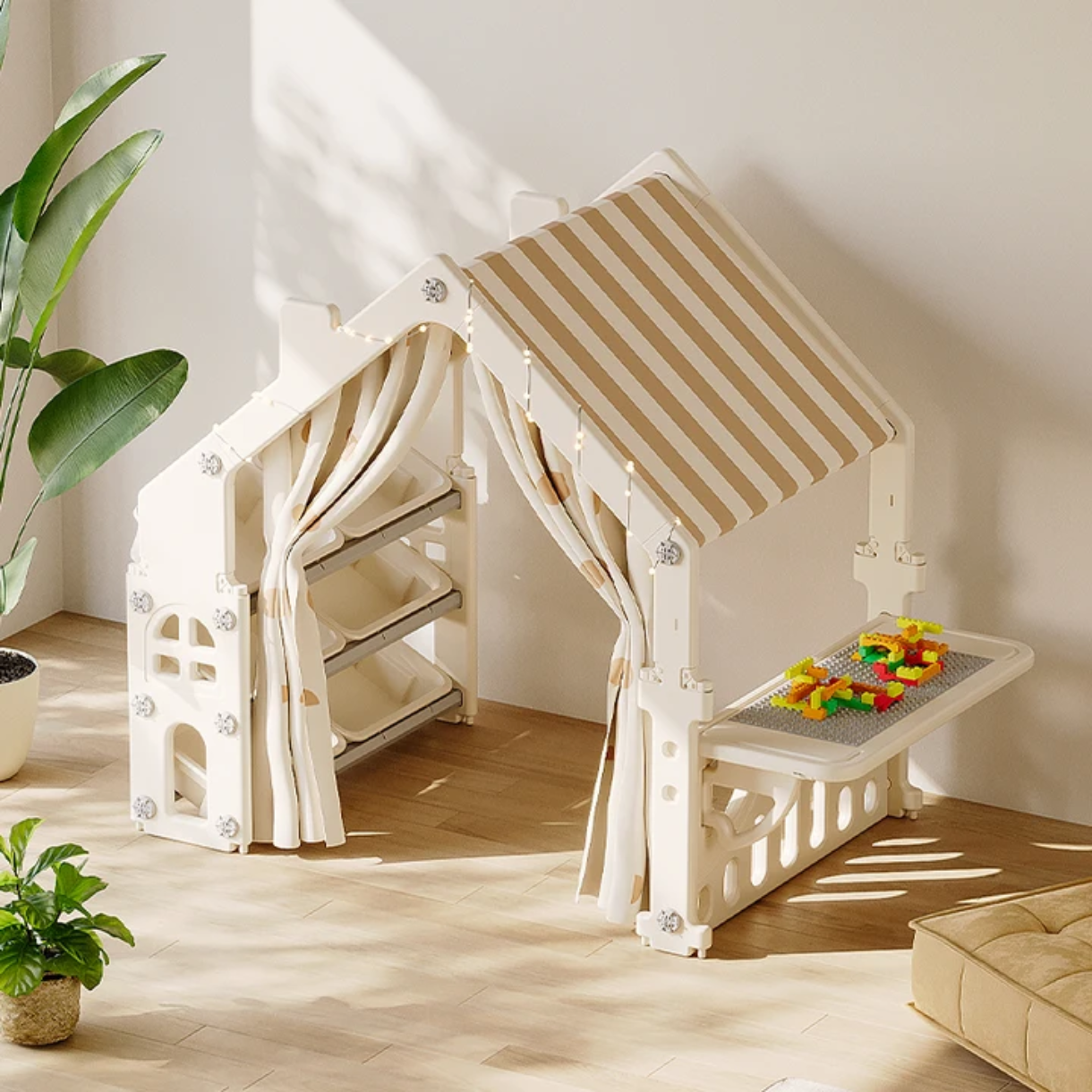 Multifunctional Kids Playhouse Tent with Car Door, Toy Storage & Building Block Table – Indoor Activity House for Toddlers