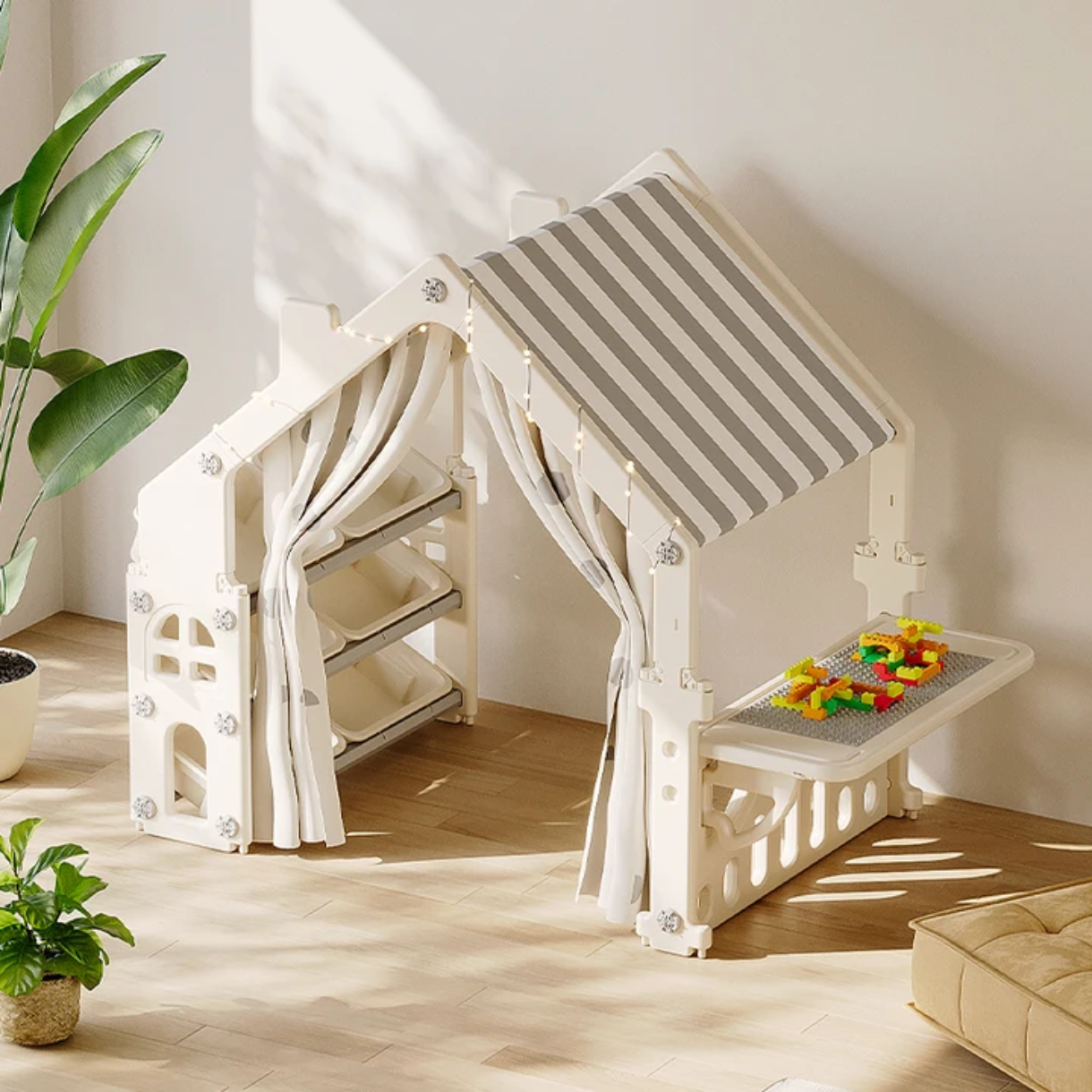 Multifunctional Kids Playhouse Tent with Car Door, Toy Storage & Building Block Table – Indoor Activity House for Toddlers