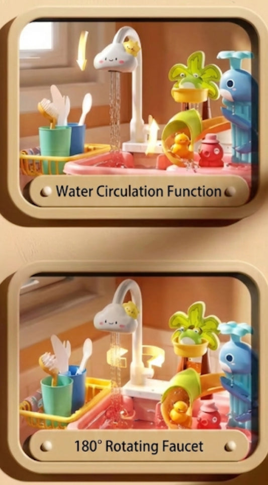 2-in-1 Kids Electric Kitchen Sink Toy & Water Park Playset | Automatic Running Water Faucet, Magnetic Fishing Game & Floating Slide | Montessori Sensory Pretend Play Gift for Toddlers