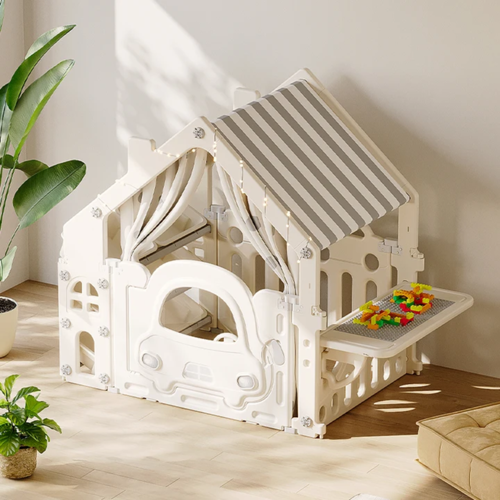 Multifunctional Kids Playhouse Tent with Car Door, Toy Storage & Building Block Table – Indoor Activity House for Toddlers