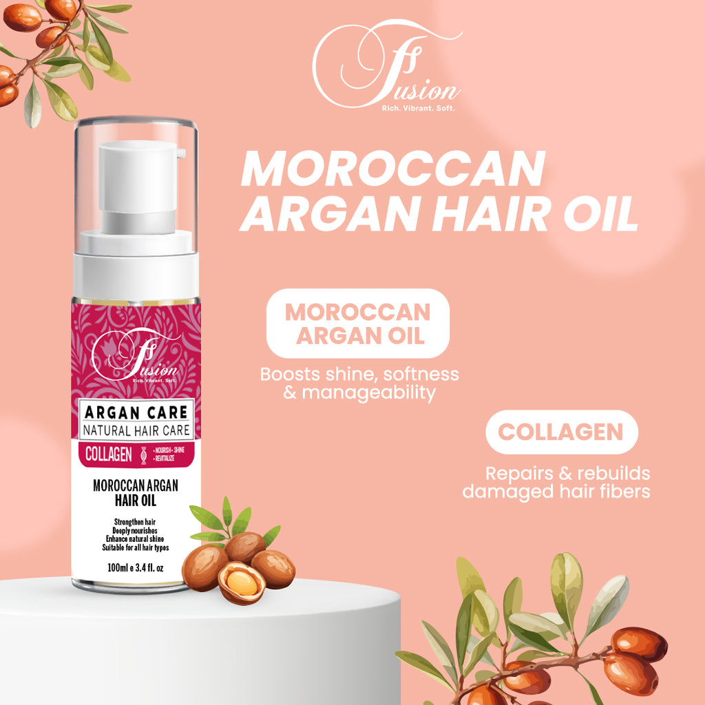 Fusion Moroccan Argan Hair Oil 100ml | Collagen Infused Hair Treatment for Shine, Frizz Control & Moisture | All Hair Types