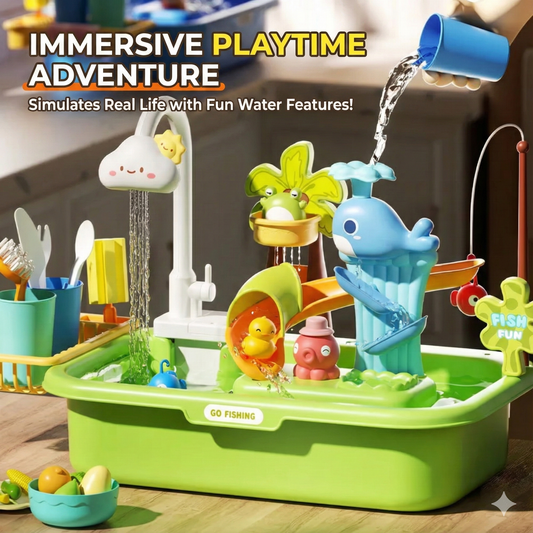 2-in-1 Kids Electric Kitchen Sink Toy & Water Park Playset | Automatic Running Water Faucet, Magnetic Fishing Game & Floating Slide | Montessori Sensory Pretend Play Gift for Toddlers