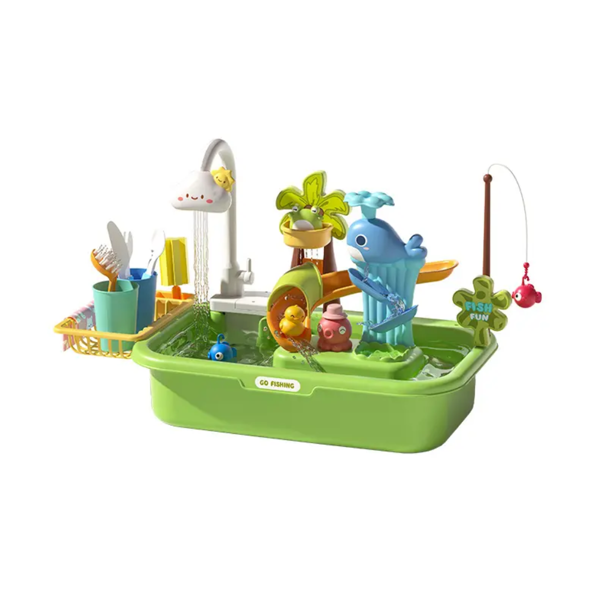 2-in-1 Kids Electric Kitchen Sink Toy & Water Park Playset | Automatic Running Water Faucet, Magnetic Fishing Game & Floating Slide | Montessori Sensory Pretend Play Gift for Toddlers