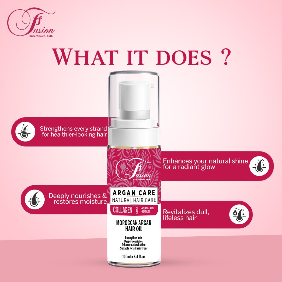 Fusion Moroccan Argan Hair Oil 100ml | Collagen Infused Hair Treatment for Shine, Frizz Control & Moisture | All Hair Types