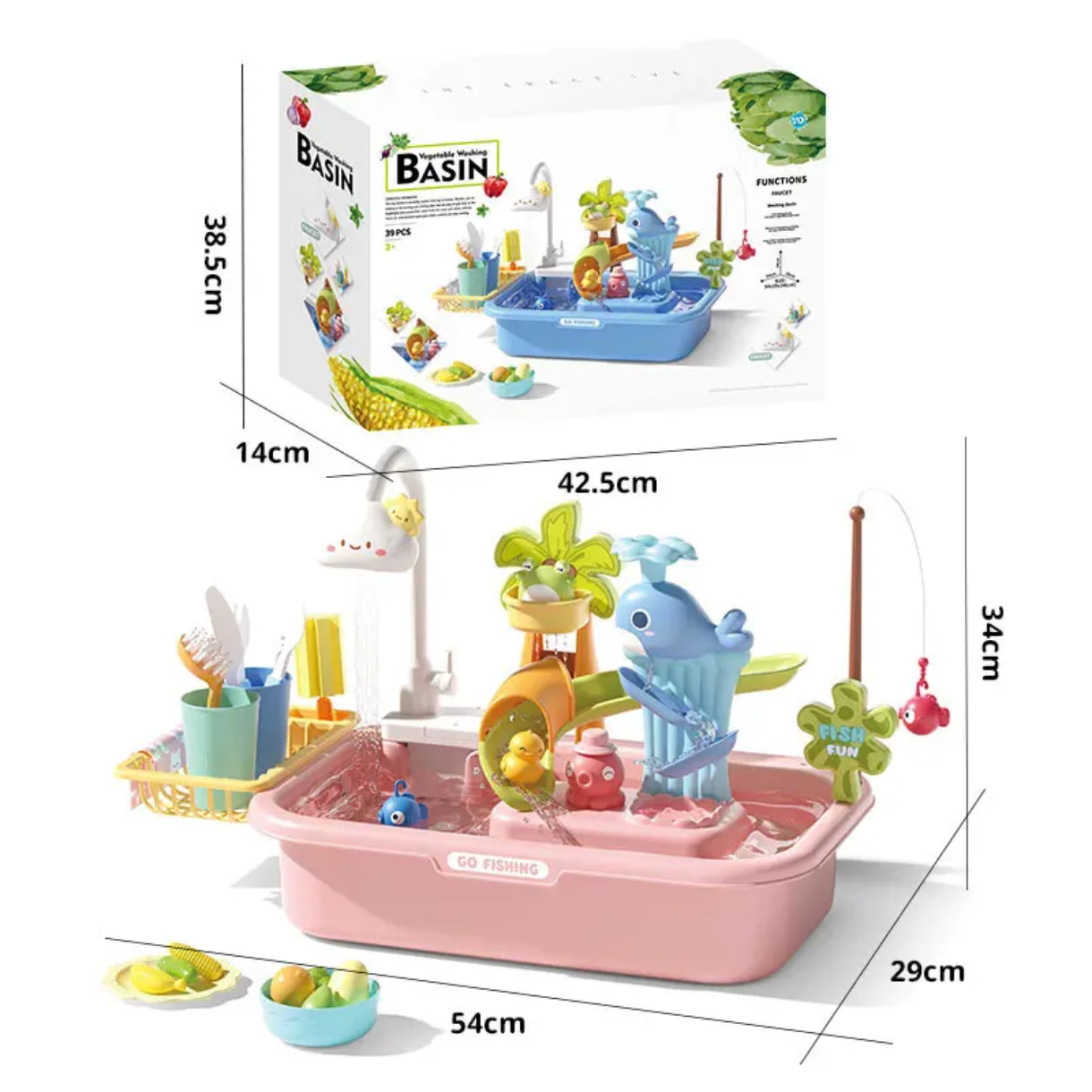 2-in-1 Kids Electric Kitchen Sink Toy & Water Park Playset | Automatic Running Water Faucet, Magnetic Fishing Game & Floating Slide | Montessori Sensory Pretend Play Gift for Toddlers