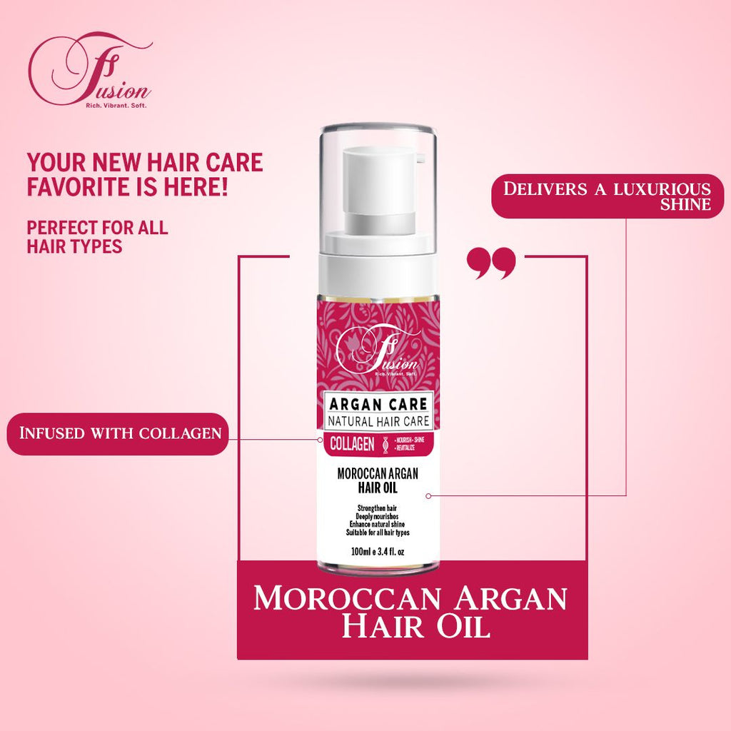 Fusion Moroccan Argan Hair Oil 100ml | Collagen Infused Hair Treatment for Shine, Frizz Control & Moisture | All Hair Types