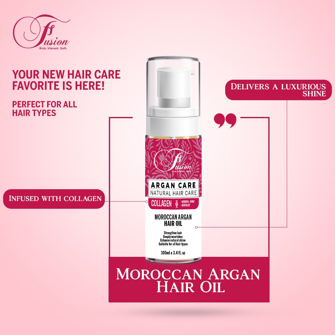 Fusion Moroccan Argan Hair Oil 100ml | Collagen Infused Hair Treatment for Shine, Frizz Control & Moisture | All Hair Types