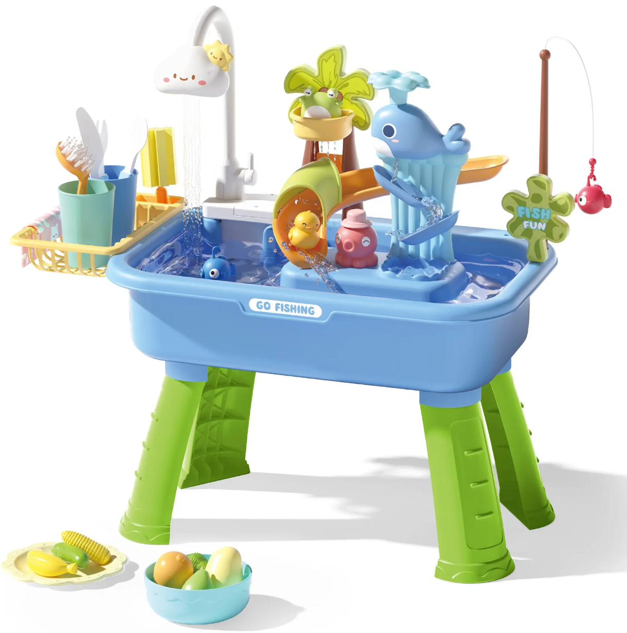 2-in-1 Kids Electric Kitchen Sink Toy & Water Park Playset | Automatic Running Water Faucet, Magnetic Fishing Game & Floating Slide | Montessori Sensory Pretend Play Gift for Toddlers