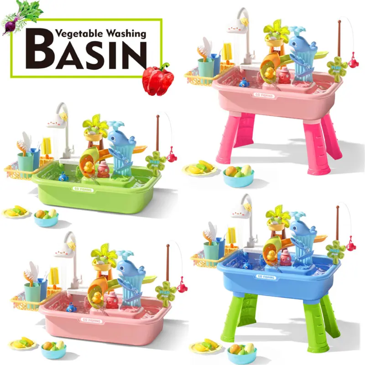 2-in-1 Kids Electric Kitchen Sink Toy & Water Park Playset | Automatic Running Water Faucet, Magnetic Fishing Game & Floating Slide | Montessori Sensory Pretend Play Gift for Toddlers