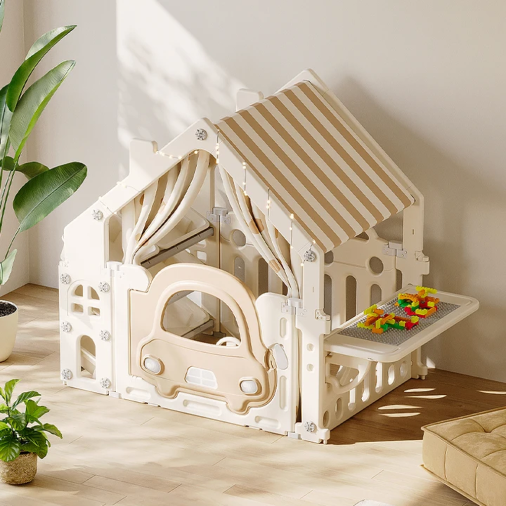 Multifunctional Kids Playhouse Tent with Car Door, Toy Storage & Building Block Table – Indoor Activity House for Toddlers